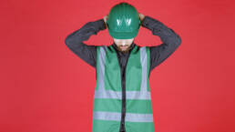 Fond rouge. C'est un ingenieur avec un uniforme et un casque vert. Il joint ses mains derrière la tête, sur son casque, la tête penchée en avant.