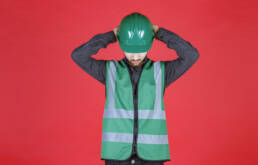 Fond rouge. C'est un ingenieur avec un uniforme et un casque vert. Il joint ses mains derrière la tête, sur son casque, la tête penchée en avant.