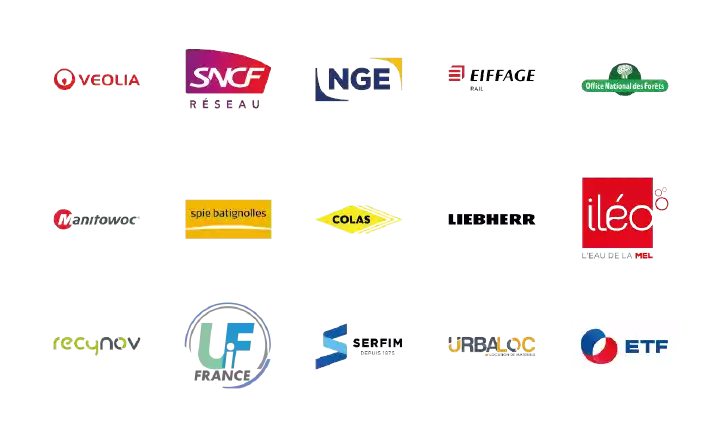 logo veolia sncf reseau nge eiffage office national des forets manitowoc spie batignolles colas liebherr ileo recynov unifer france serfim urbaloc etf onf