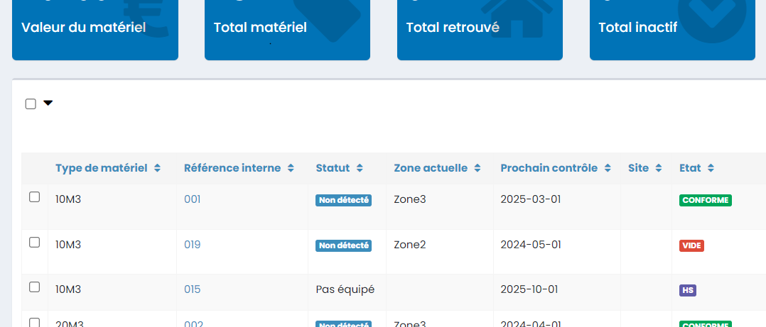 Capture d'écran d'un logiciel de gestion de matériel Charlie. SUr l'image, on trouve les informations de base comme le type de matériel, sa référence, son état et la date de son prochain contrôle.