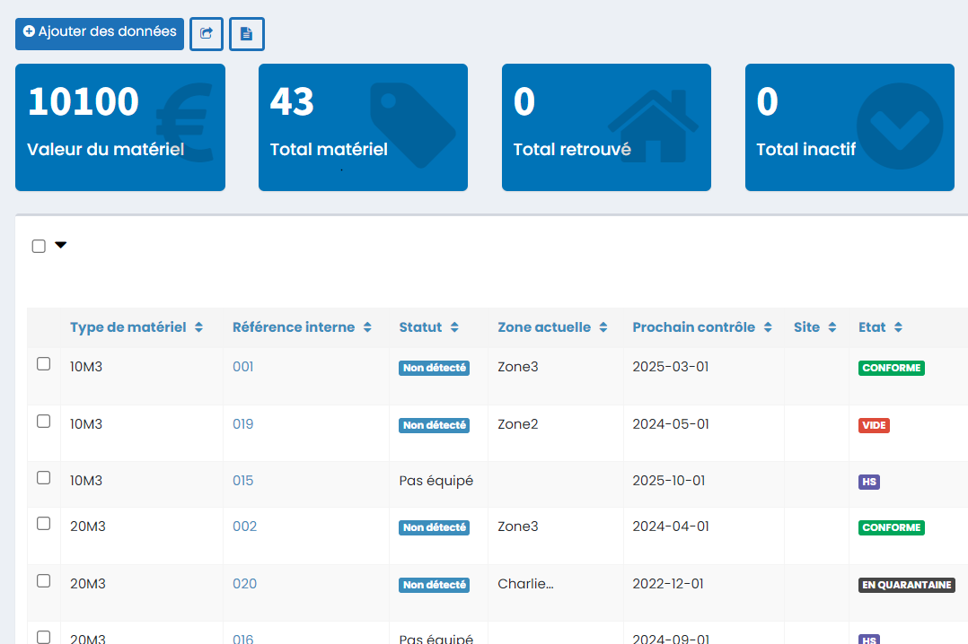 Capture d'écran d'un logiciel de gestion de matériel Charlie. SUr l'image, on trouve les informations de base comme le type de matériel, sa référence, son état et la date de son prochain contrôle.