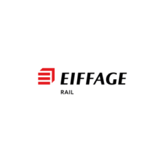 Logo EIFFAGE RAIL. EIFFAGE écrit en grandes lettres capitales noires. Juste en dessous est écrit 