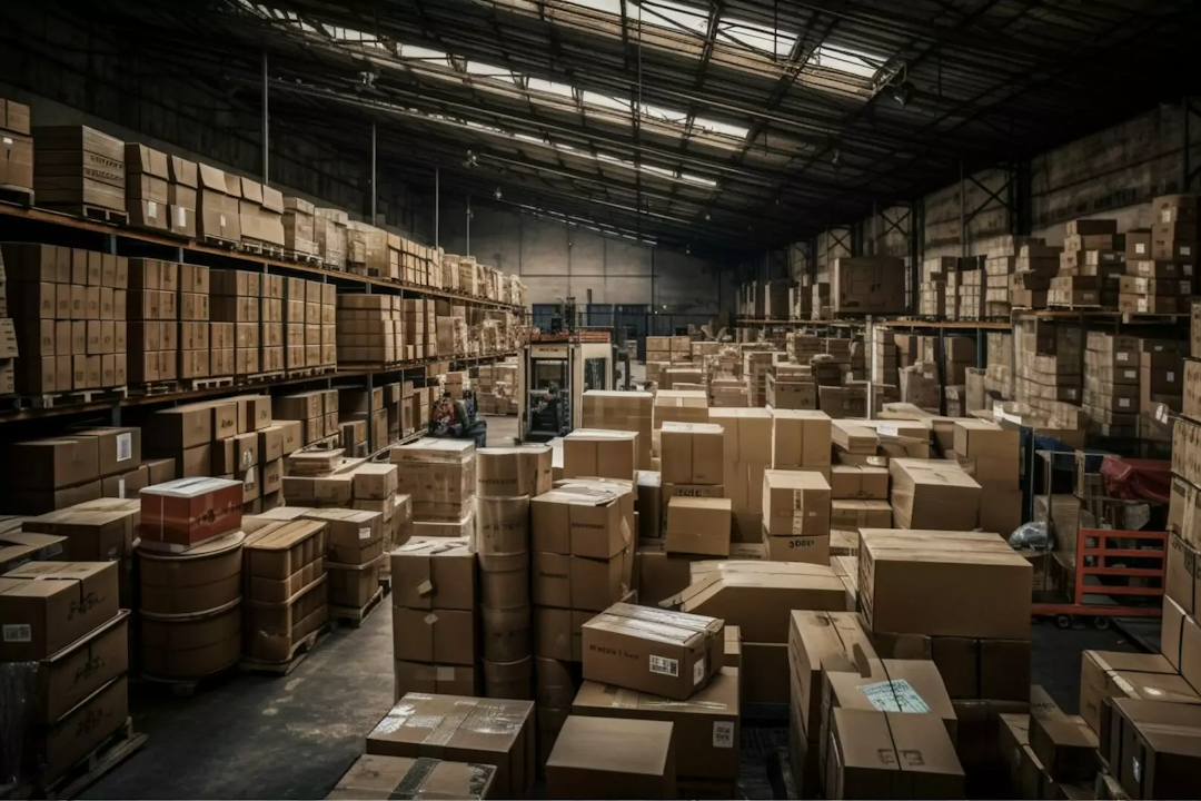 Rows of crates in large indoor warehouse generated by artificial intelligence