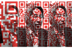 Image de Masahiro Hara, créateur du QR code, superposé avec des grod QRcode rouges.