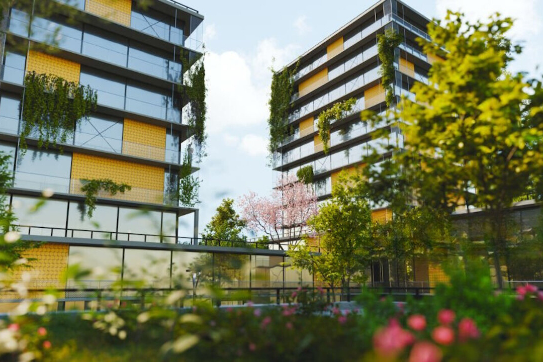 image représentant des immeubles basse consommation dans un quartier écologique.