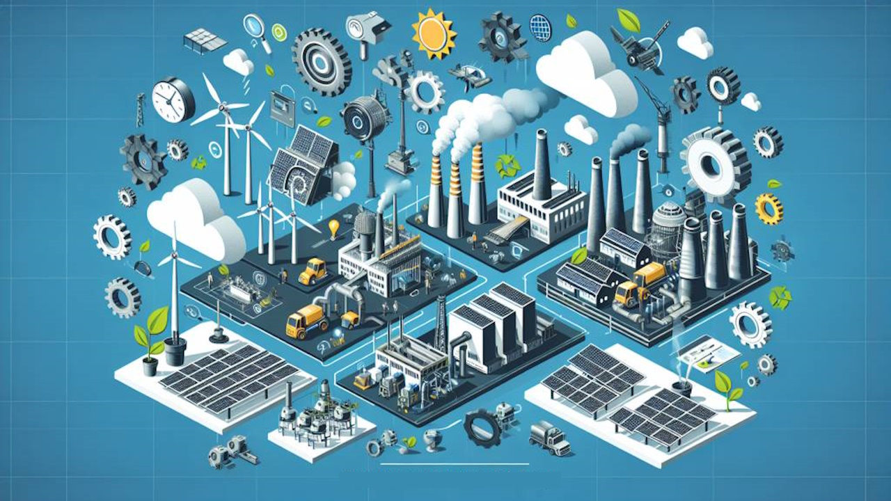 Graphisme digital représentant les différents éléments de notre société polluante et des les éléments qui entrent en compte dans la décarbonation.