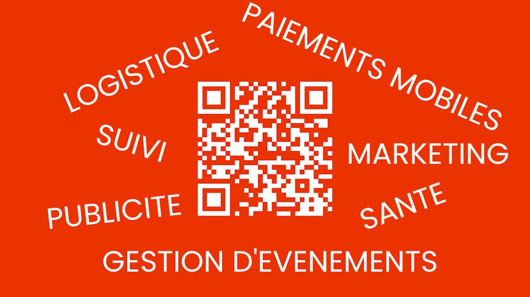 QR code de la société Charlie Solutions, entouré d'un nuage de mots avec les différents secteurs qui peuvent utiliser les QR codes. Tous les éléments sont blancs sur fond rouge Charlie.