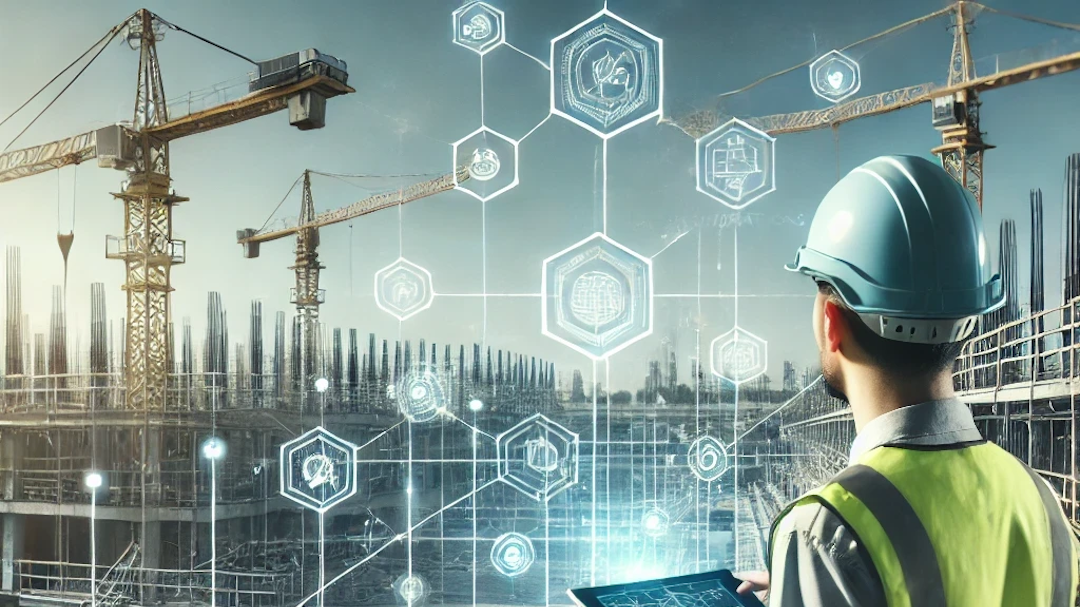 Ouvrier sur un chantier de construction ouvert utilisant une tablette pour consulter des données numériques et des indications holographiques réparties sur le site. Scène mettant en avant l'intégration de la technologie et de la digitalisation du secteur de la construction, avec des grues et du matériel de construction en arrière-plan.